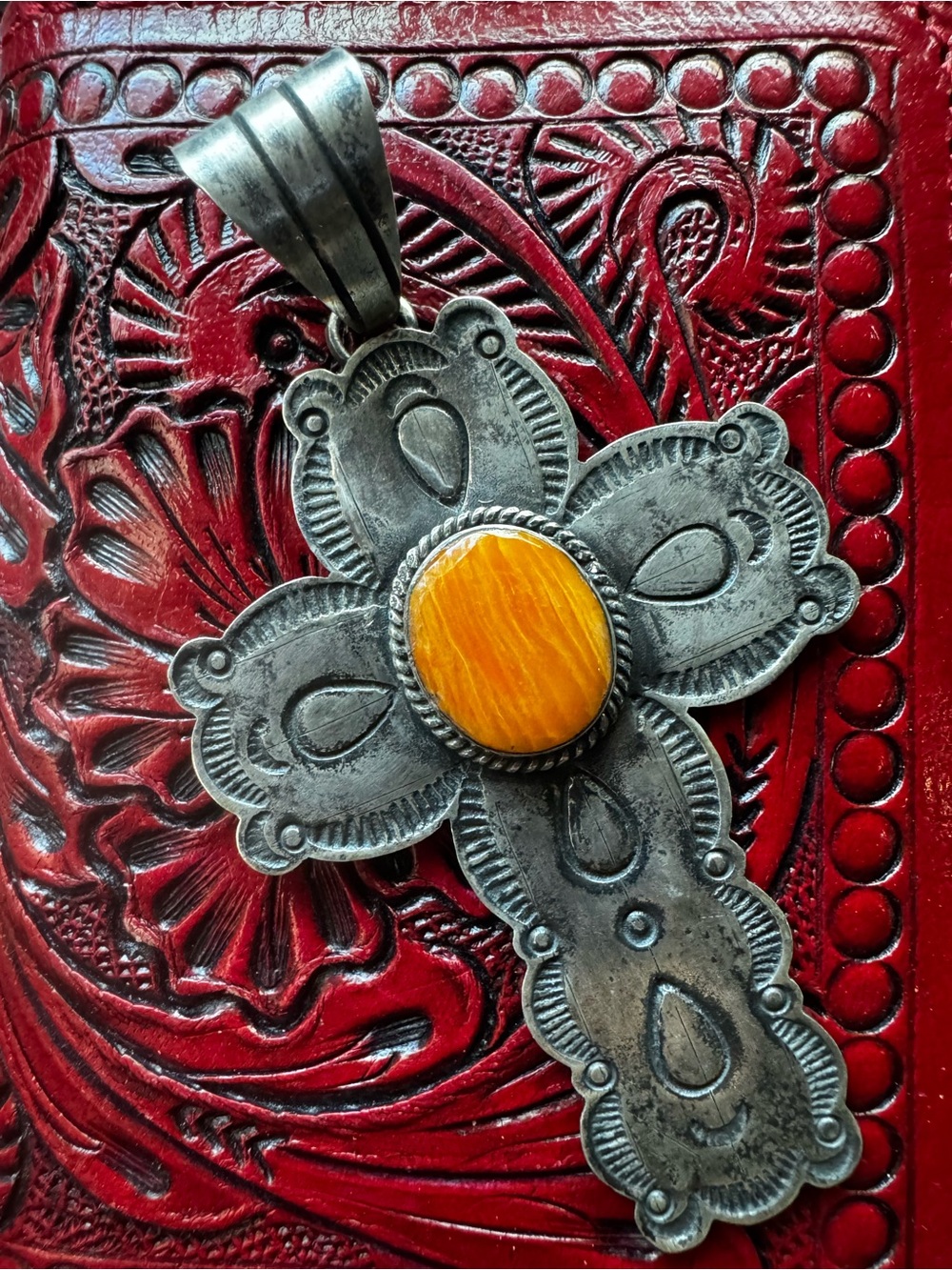 Large Orange Spiny Cross Pendant- Native